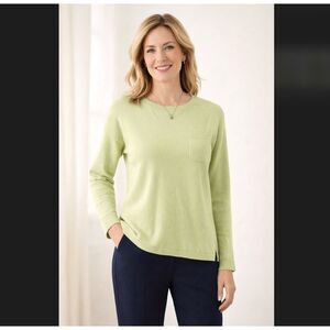 Talbots Sweater LP Petite Lambswool Blend Green Lightweight Pocket Classic Soft